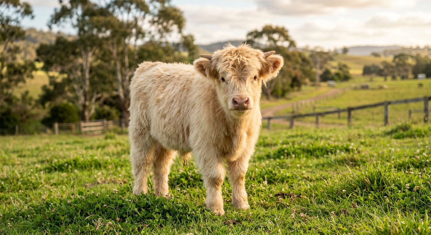 Illustrative cream miniature Highland calf in a paddock — breed photography, not a specific calf for sale