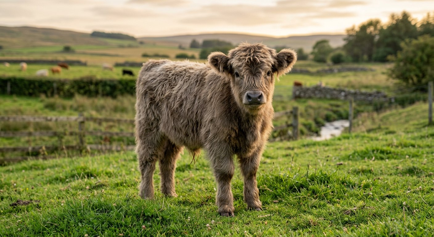 Illustrative dun-coloured miniature Highland calf — breed photography, not a specific calf for sale