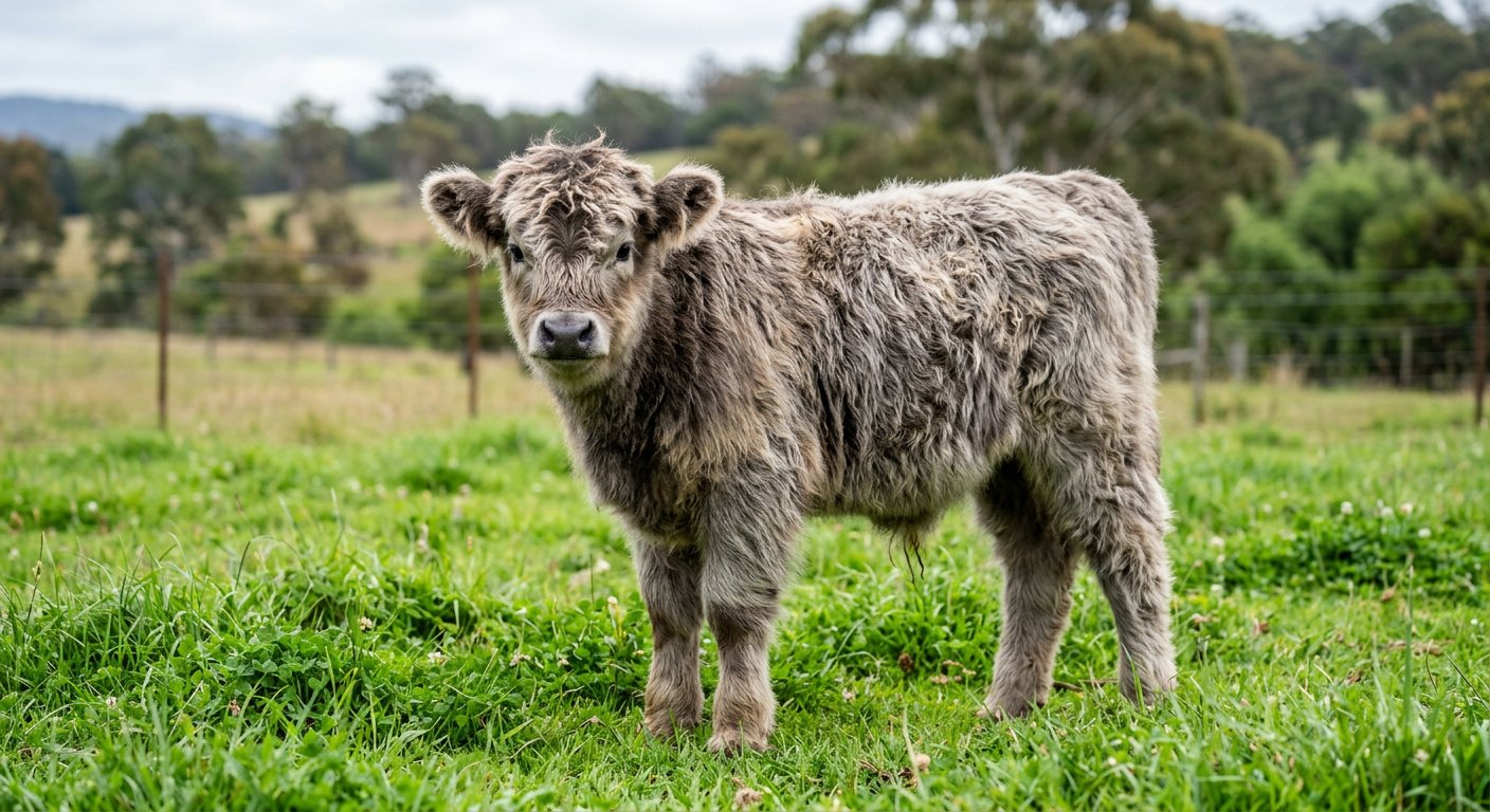 Illustrative silver-grey miniature Highland calf in green grass — breed photography, not a specific calf for sale