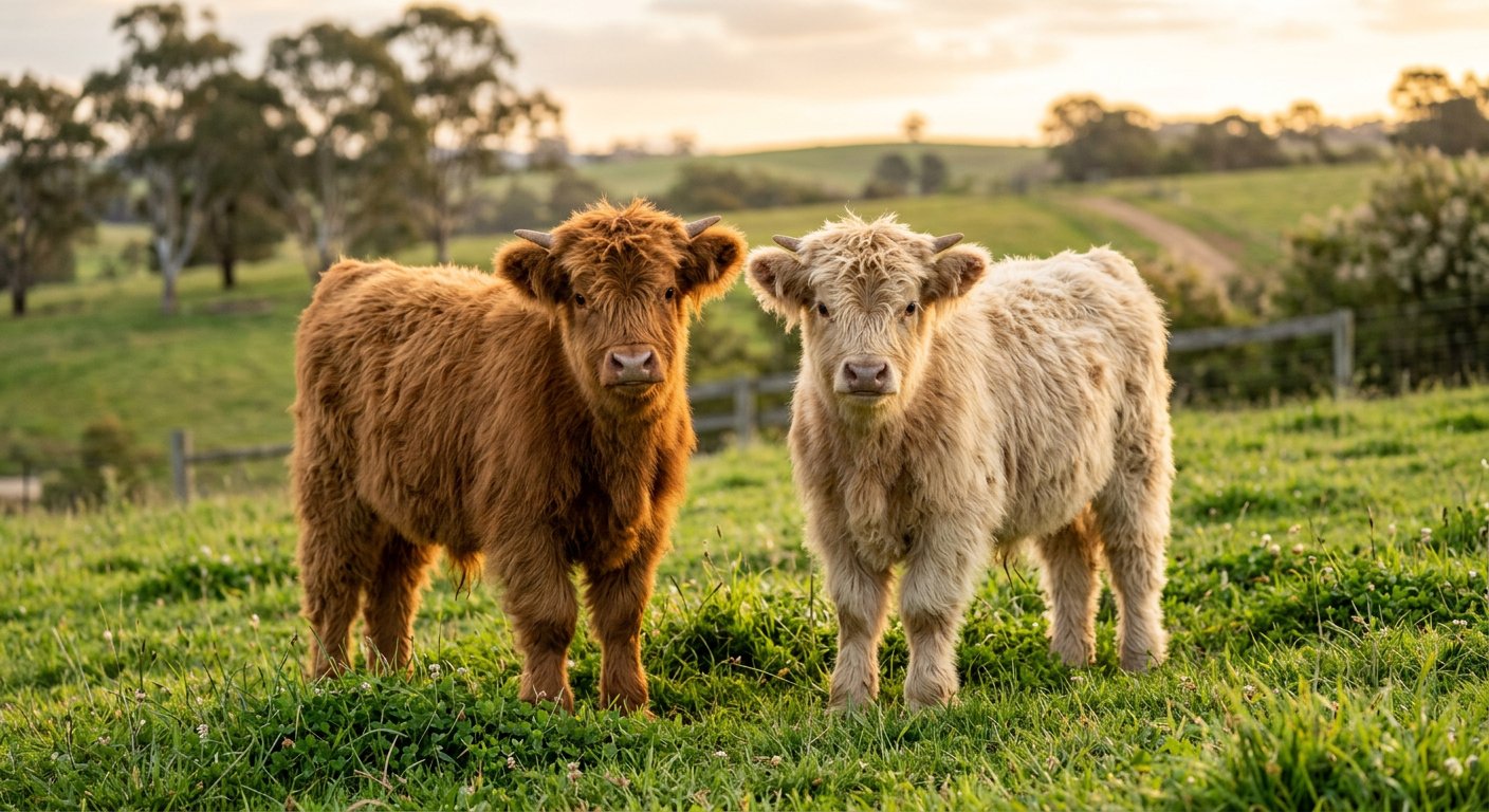 Illustrative red and cream miniature Highland calves together in pasture — breed photography, not specific calves for sale