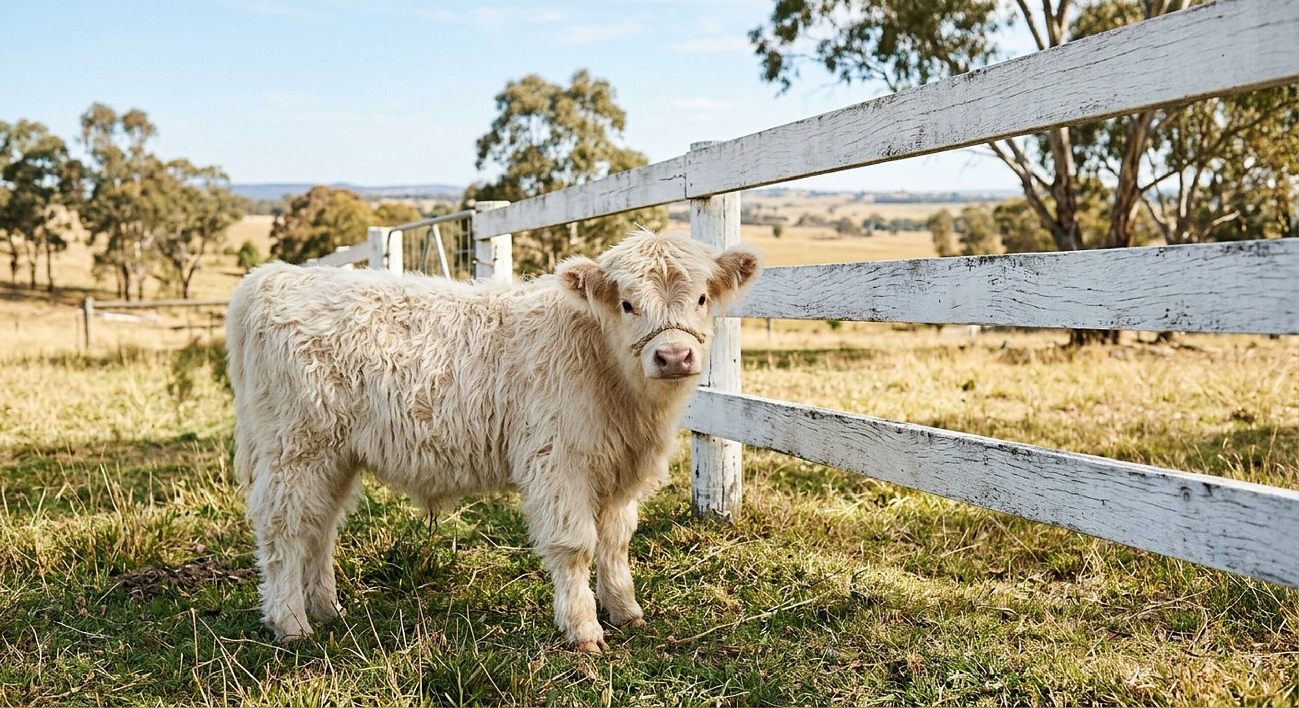 Lachlan, cream white miniature Highland bull calf — illustrative calf photo