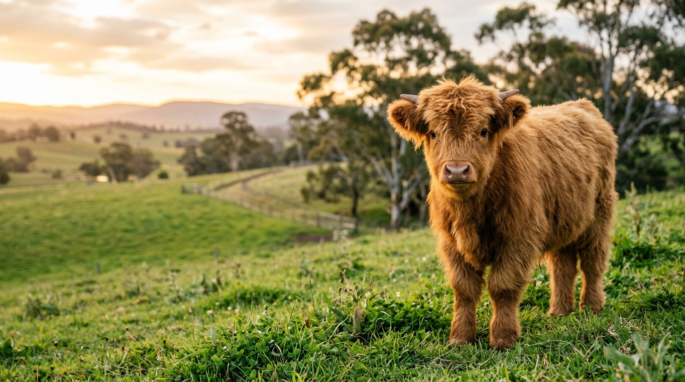 Illustrative miniature Highland calf in an Australian paddock at golden hour — breed photography, not a specific calf for sale